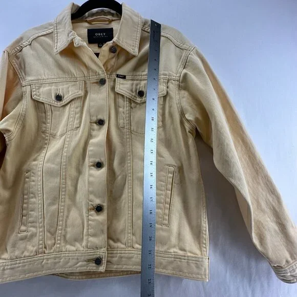 OBEY Denim Trucker Jacket Womens S Graphic Rose Button Front Long Sleeve Yellow - Picture 13 of 13